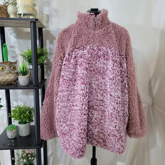 Suzanne Betro Weekend Pink Blush Sherpa Fleece Quarter Zip Pullover Sweater - 1X - Picture 3 of 9